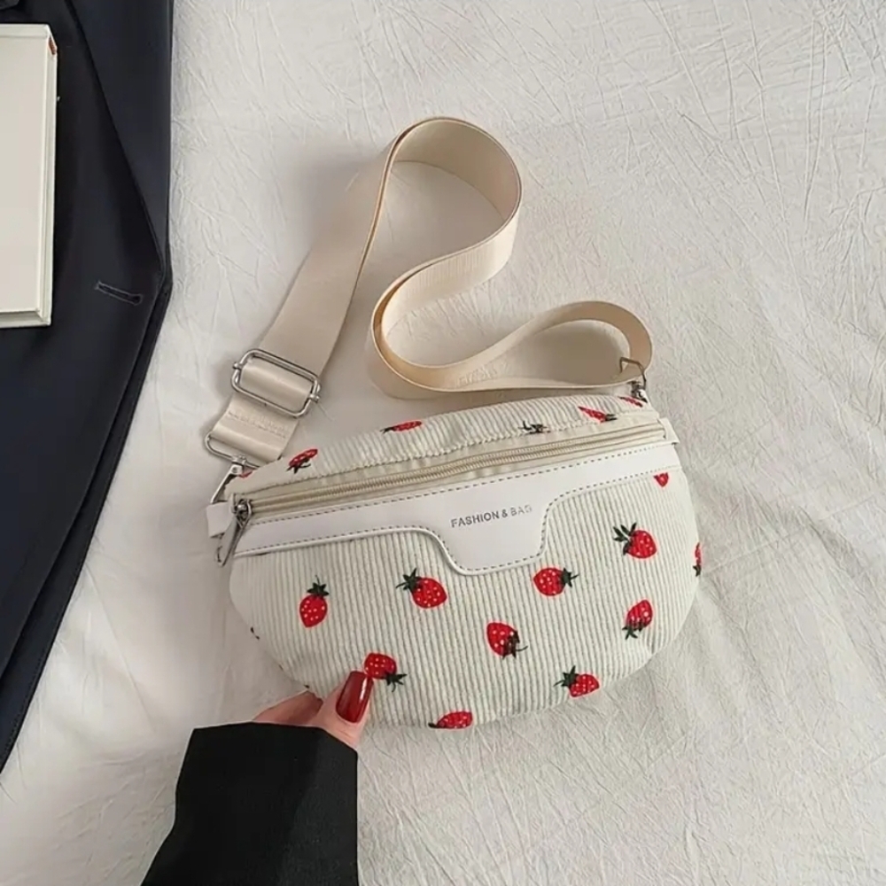White Strawberry Print Crossbody Bag